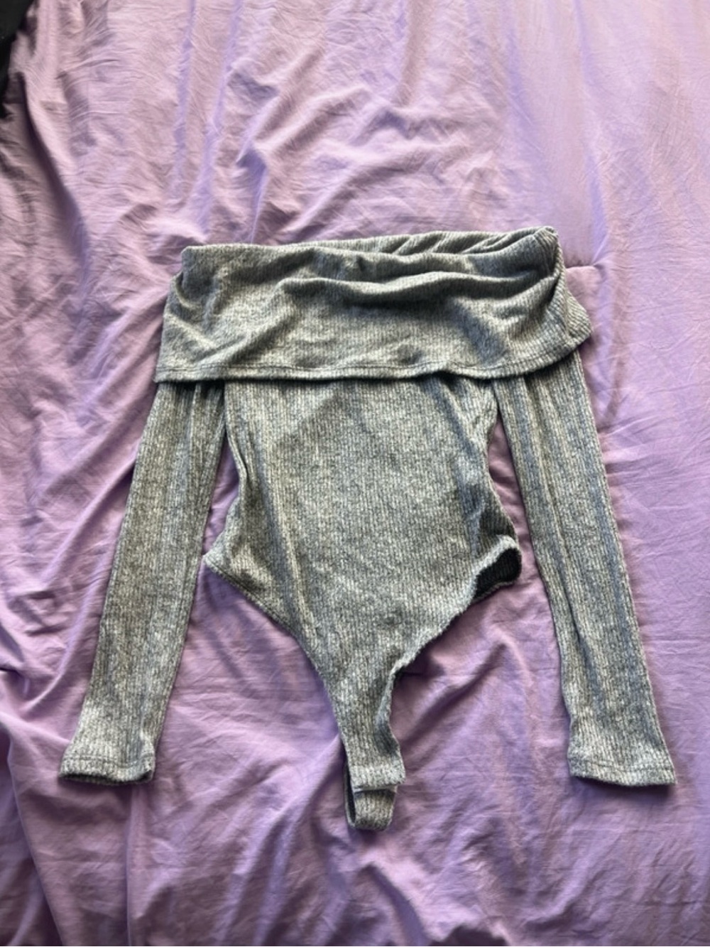 Fashion Nova Gray Off-Shoulder Ribbed Bodysuit